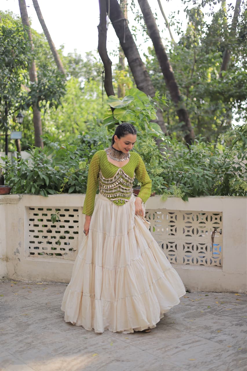 Prazu Fashion Mehndi Georgette Leheriya Print With Attractive Mirror Lace Navaratri Lehenga | Grocsy