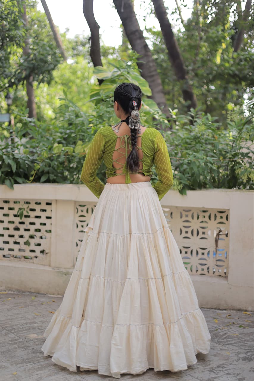 Prazu Fashion Mehndi Georgette Leheriya Print With Attractive Mirror Lace Navaratri Lehenga | Grocsy