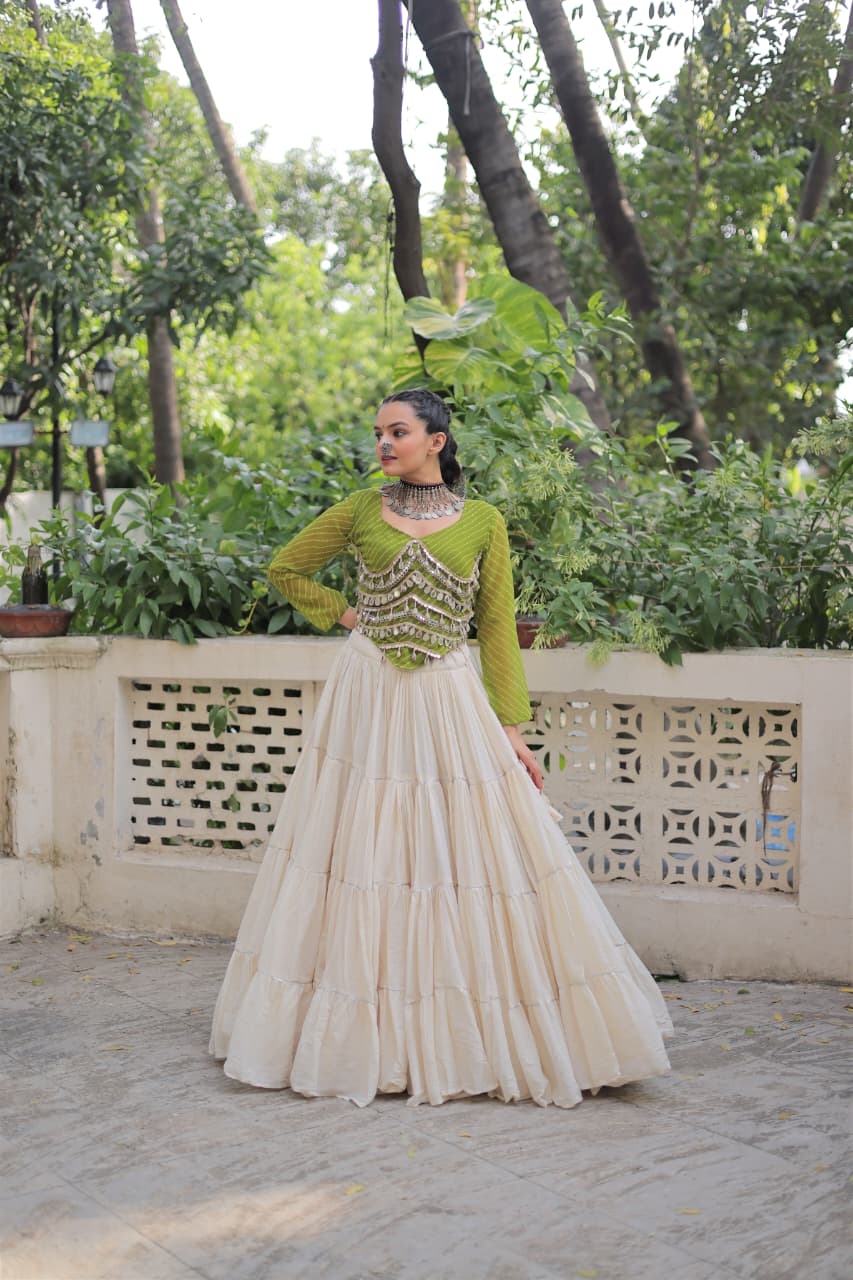 Prazu Fashion Mehndi Georgette Leheriya Print With Attractive Mirror Lace Navaratri Lehenga | Grocsy
