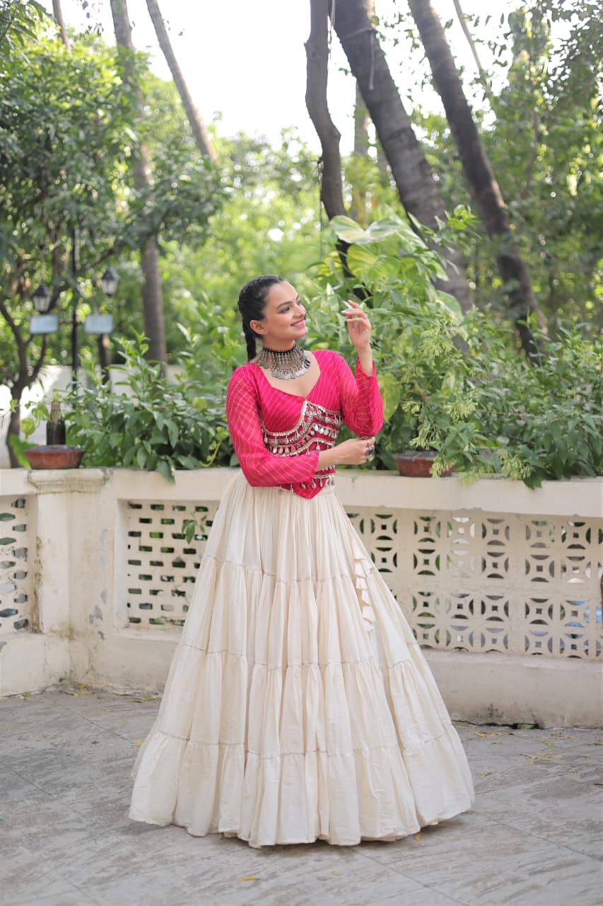 Prazu Fashion Pink Georgette Leheriya Print With Attractive Mirror Lace Navaratri Lehenga | Grocsy