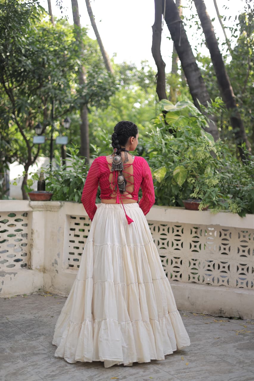 Prazu Fashion Pink Georgette Leheriya Print With Attractive Mirror Lace Navaratri Lehenga | Grocsy