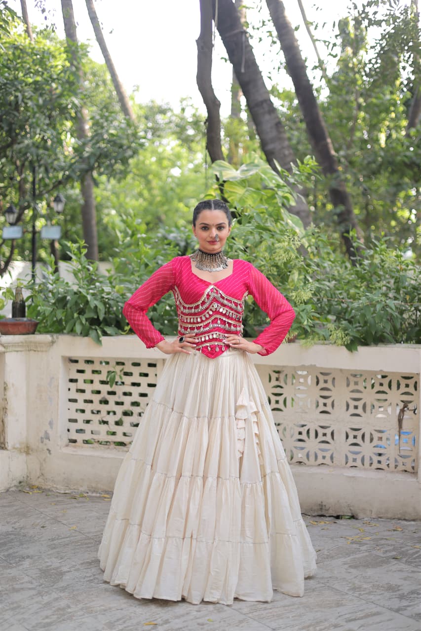 Prazu Fashion Pink Georgette Leheriya Print With Attractive Mirror Lace Navaratri Lehenga | Grocsy