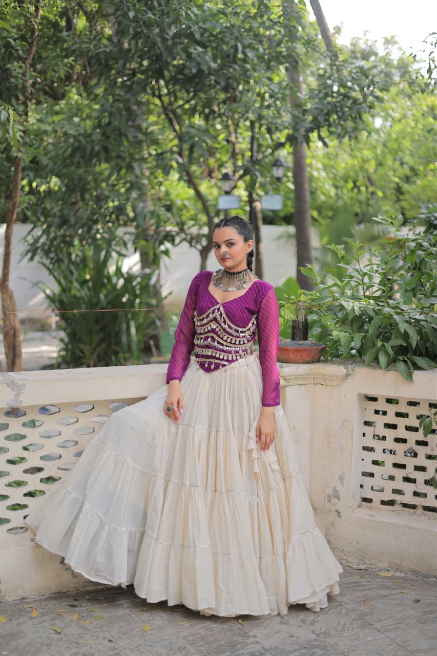 Prazu Fashion Wine Georgette Leheriya Print With Attractive Mirror Lace Navaratri Lehenga | Grocsy