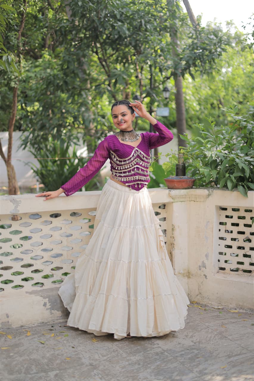 Prazu Fashion Wine Georgette Leheriya Print With Attractive Mirror Lace Navaratri Lehenga | Grocsy
