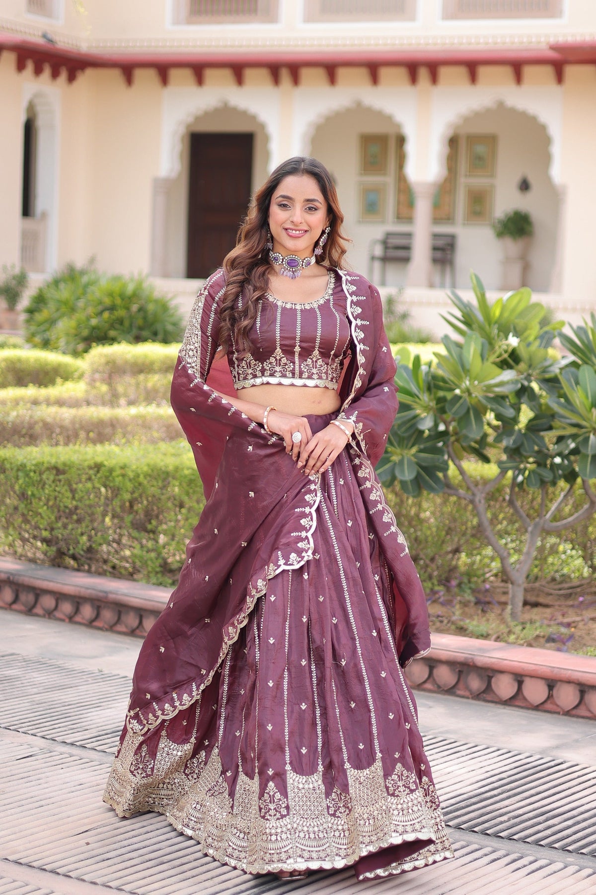 Prazu Fashion Wine Gold Crush With Sequins & Zari Embroidered Work Lehenga Choli | Grocsy