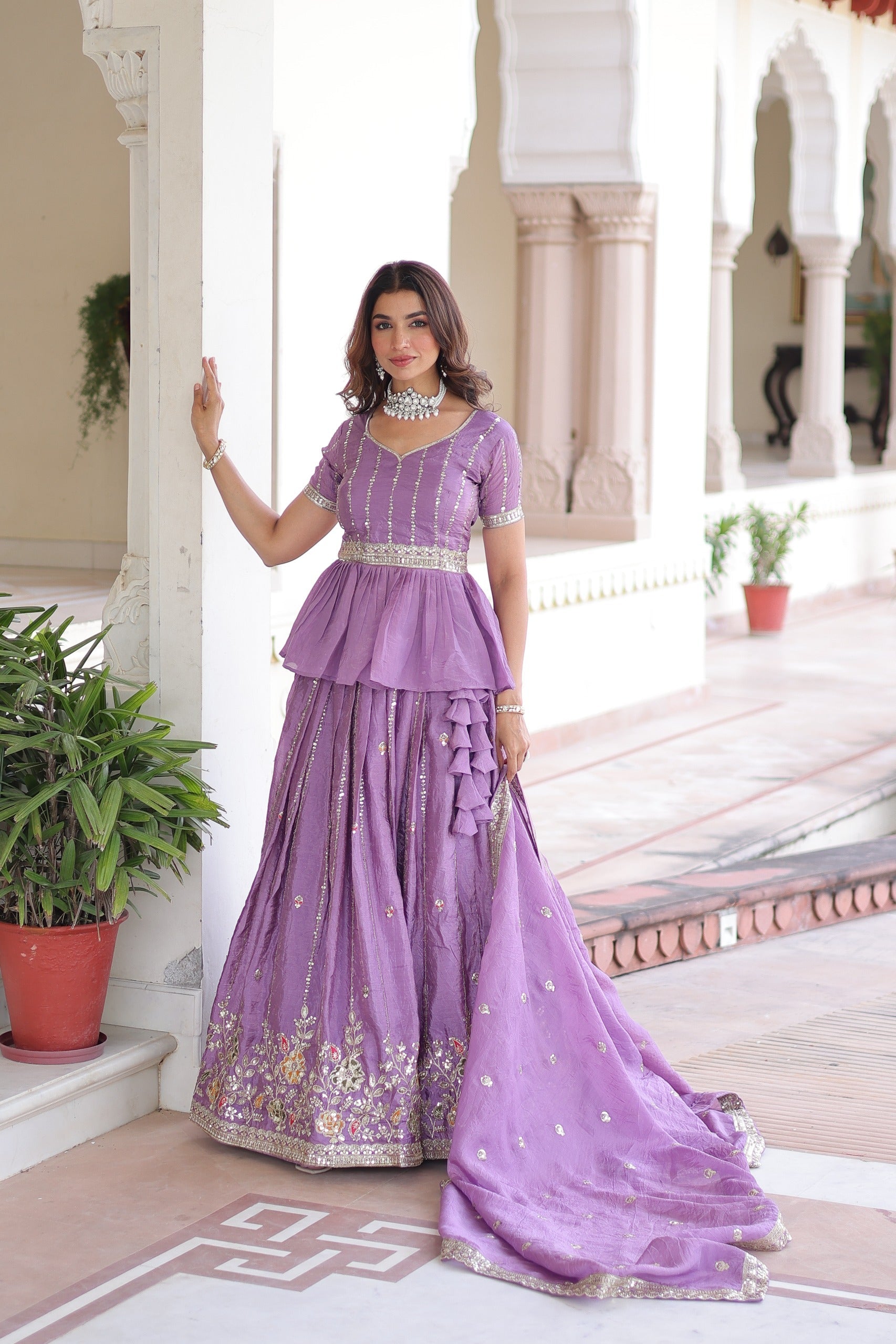 Prazu Fashion Lavender Gold Crush Multi Thread Embroidery Lehenga Choli | Grocsy