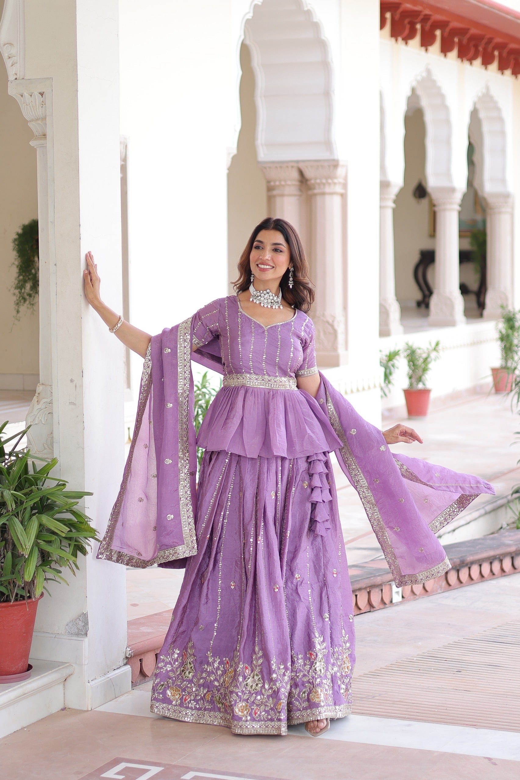 Prazu Fashion Lavender Gold Crush Multi Thread Embroidery Lehenga Choli | Grocsy