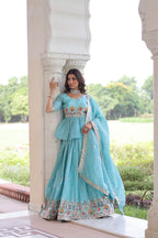Prazu Fashion Sky Blue Gold Crush With Multi Thread Embroidery Lehenga Choli | Grocsy
