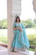 Prazu Fashion Sky Blue Gold Crush With Multi Thread Embroidery Lehenga Choli | Grocsy
