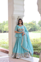 Prazu Fashion Sky Blue Gold Crush With Multi Thread Embroidery Lehenga Choli | Grocsy