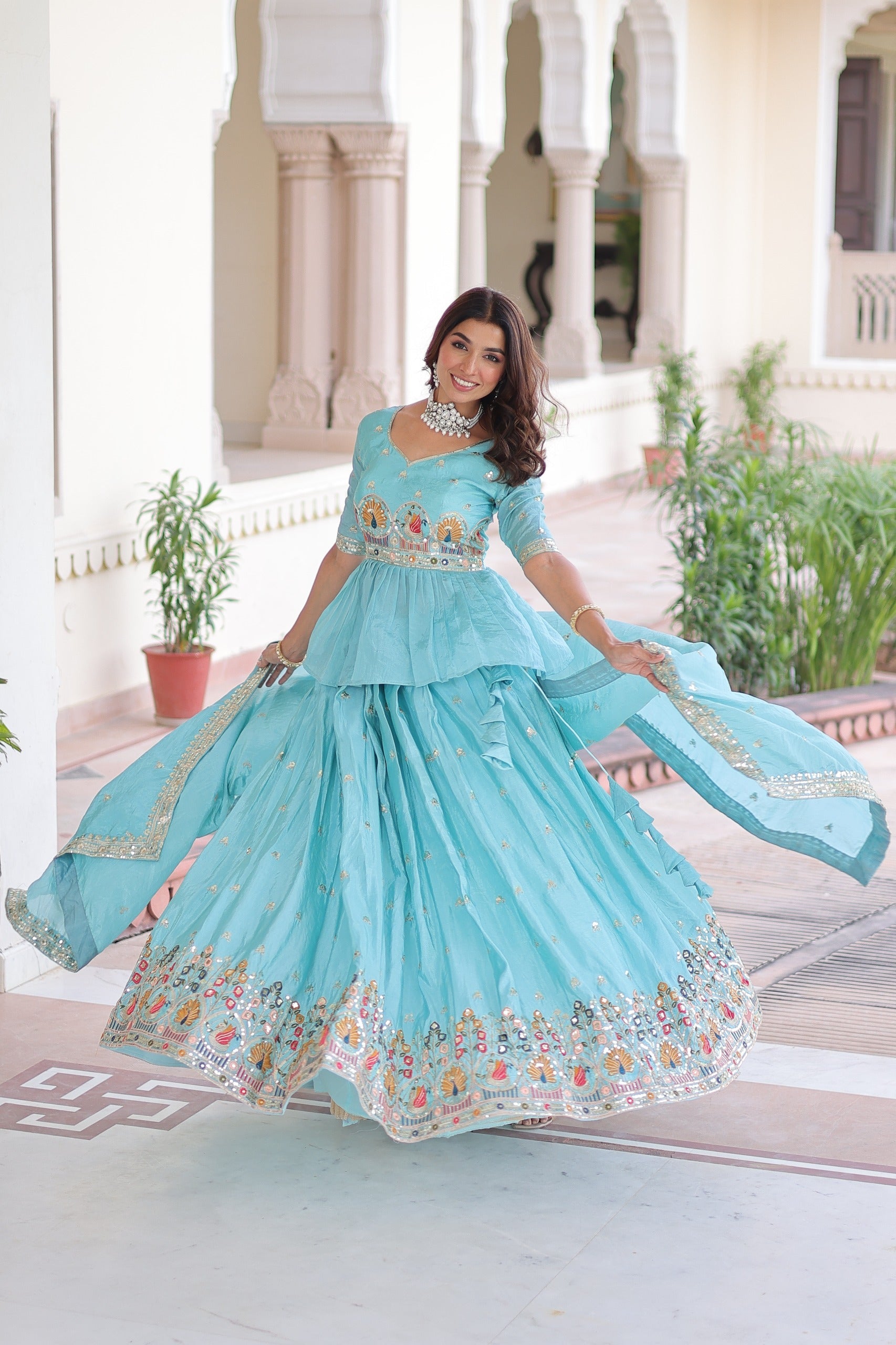 Prazu Fashion Sky Blue Gold Crush With Multi Thread Embroidery Lehenga Choli | Grocsy