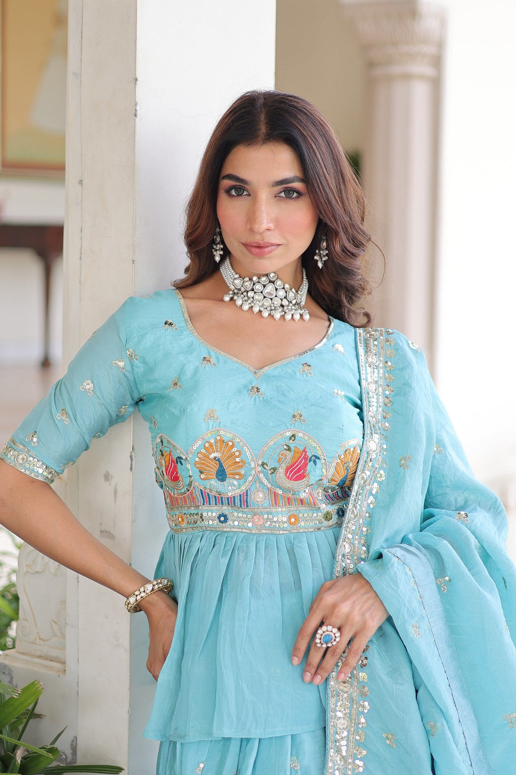 Prazu Fashion Sky Blue Gold Crush With Multi Thread Embroidery Lehenga Choli | Grocsy