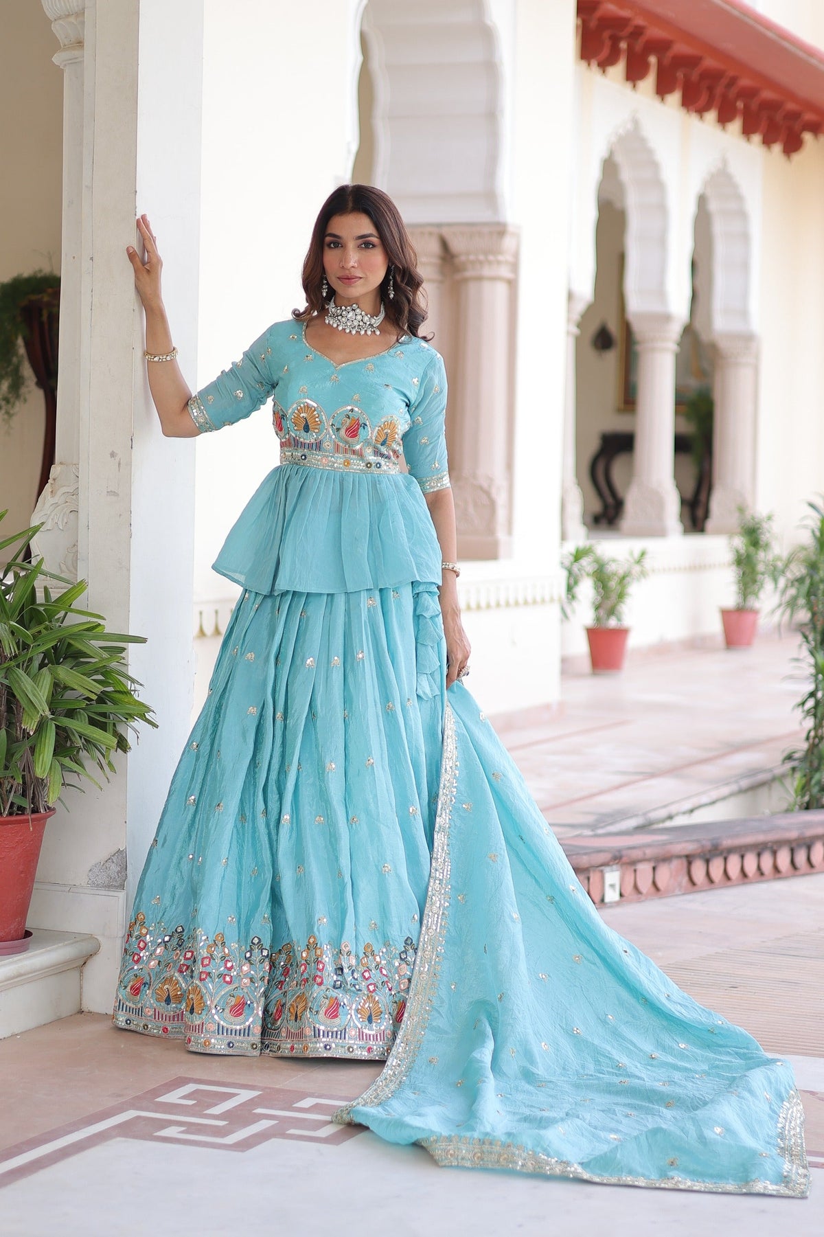 Prazu Fashion Sky Blue Gold Crush With Multi Thread Embroidery Lehenga Choli | Grocsy