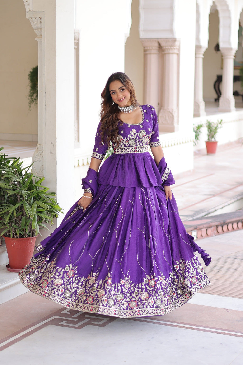Prazu Fashion Violet Gold Crush With Multi Thread Embroidery Lehenga Choli | Grocsy