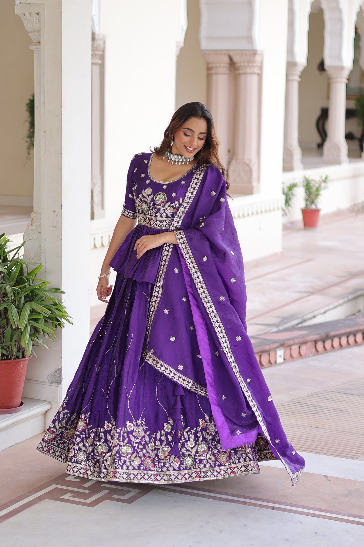 Prazu Fashion Violet Gold Crush With Multi Thread Embroidery Lehenga Choli | Grocsy