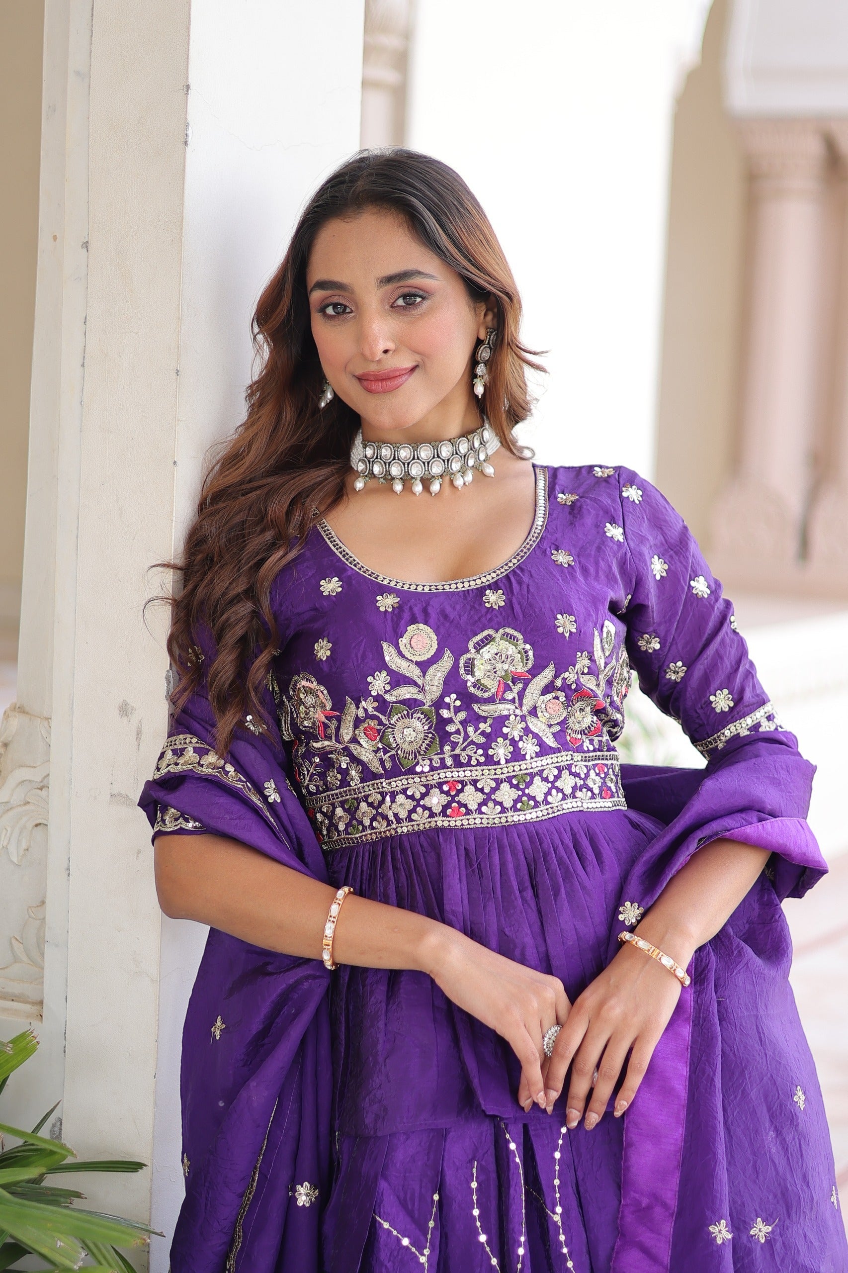 Prazu Fashion Violet Gold Crush With Multi Thread Embroidery Lehenga Choli | Grocsy