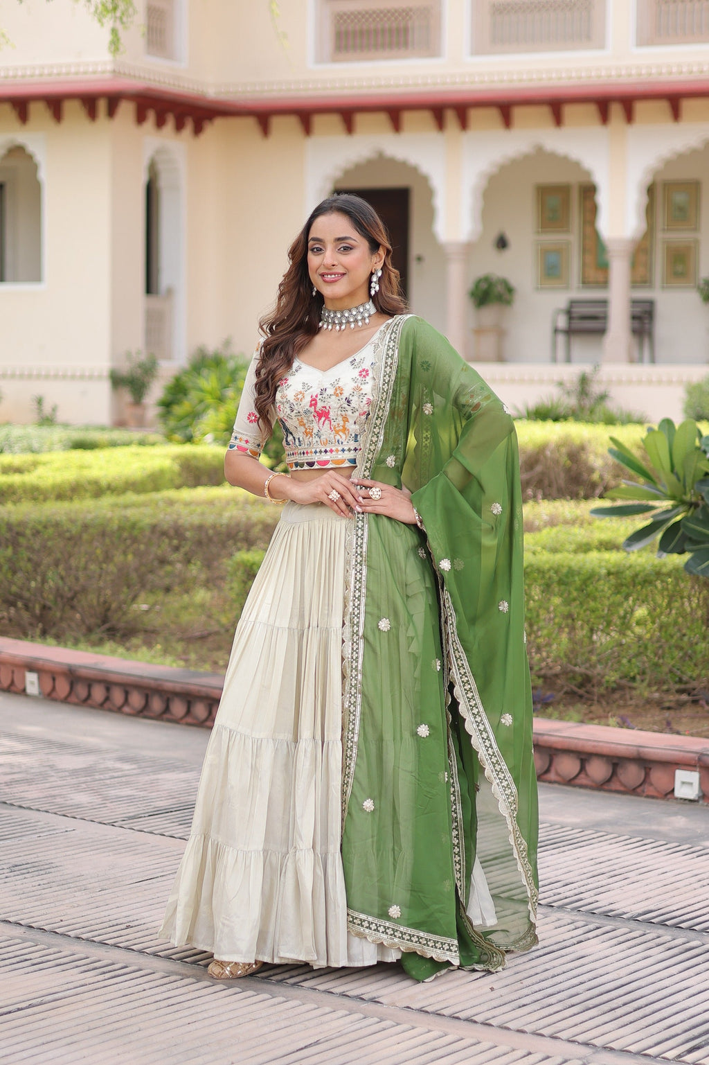 Prazu Fashion Off White Cosmos Silk With Standard Frill Stitching Embroidered Lehenga Choli | Grocsy