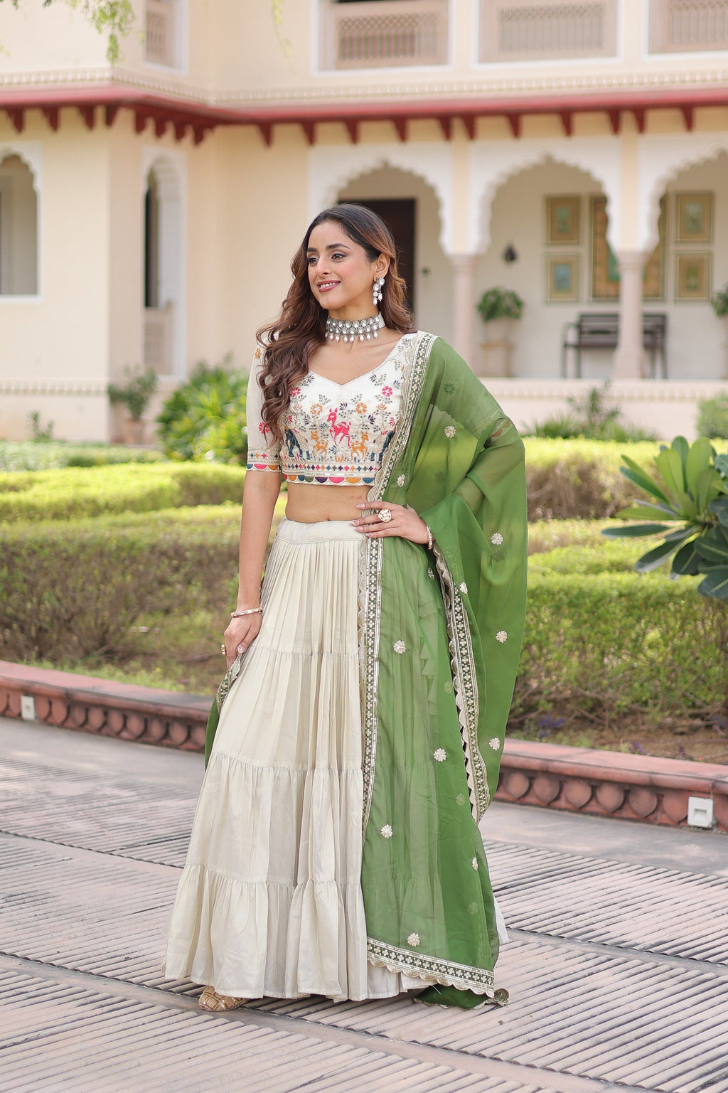 Prazu Fashion Off White Cosmos Silk With Standard Frill Stitching Embroidered Lehenga Choli | Grocsy