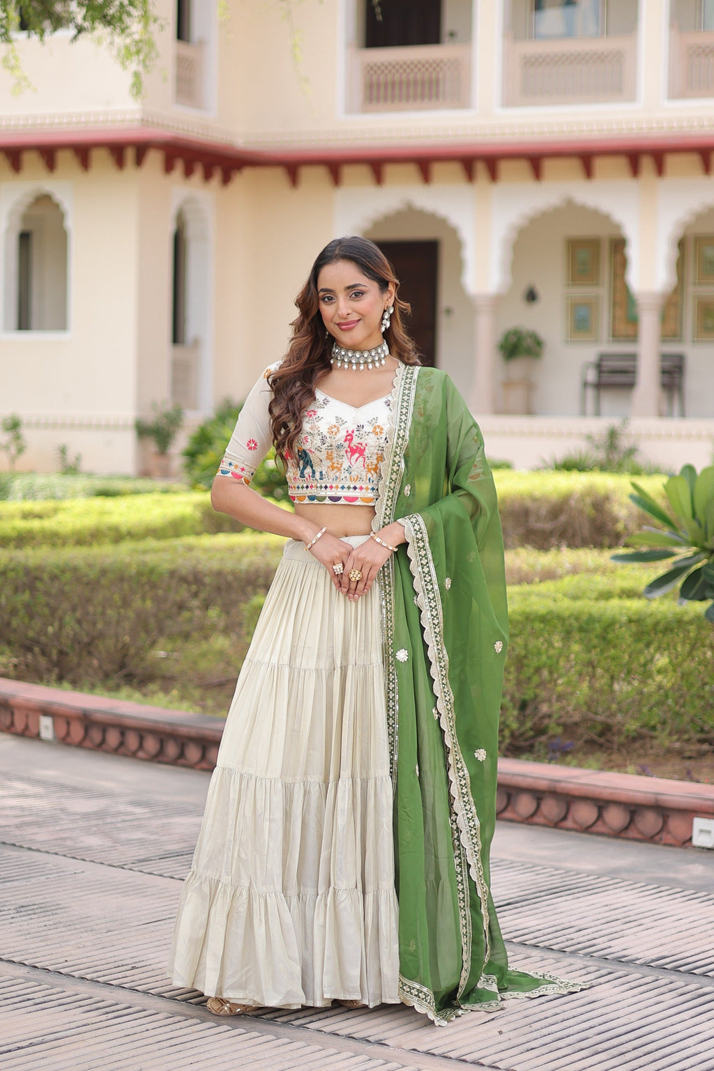 Prazu Fashion Off White Cosmos Silk With Standard Frill Stitching Embroidered Lehenga Choli | Grocsy