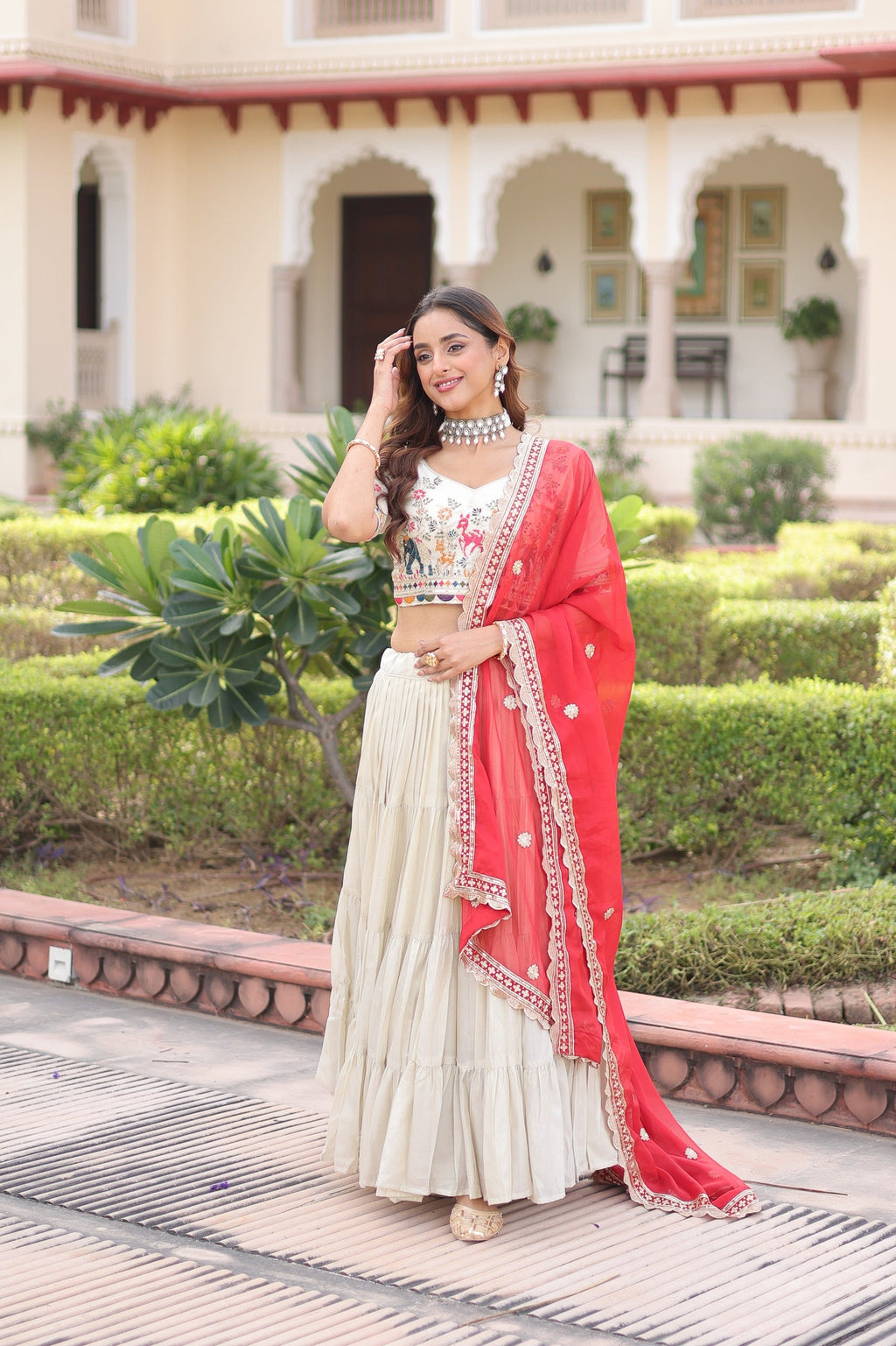 Prazu Fashion Off White Cosmos Silk With Standard Frill Stitching Embroidered Lehenga Choli | Grocsy