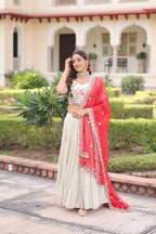 Prazu Fashion Off White Cosmos Silk With Standard Frill Stitching Embroidered Lehenga Choli | Grocsy