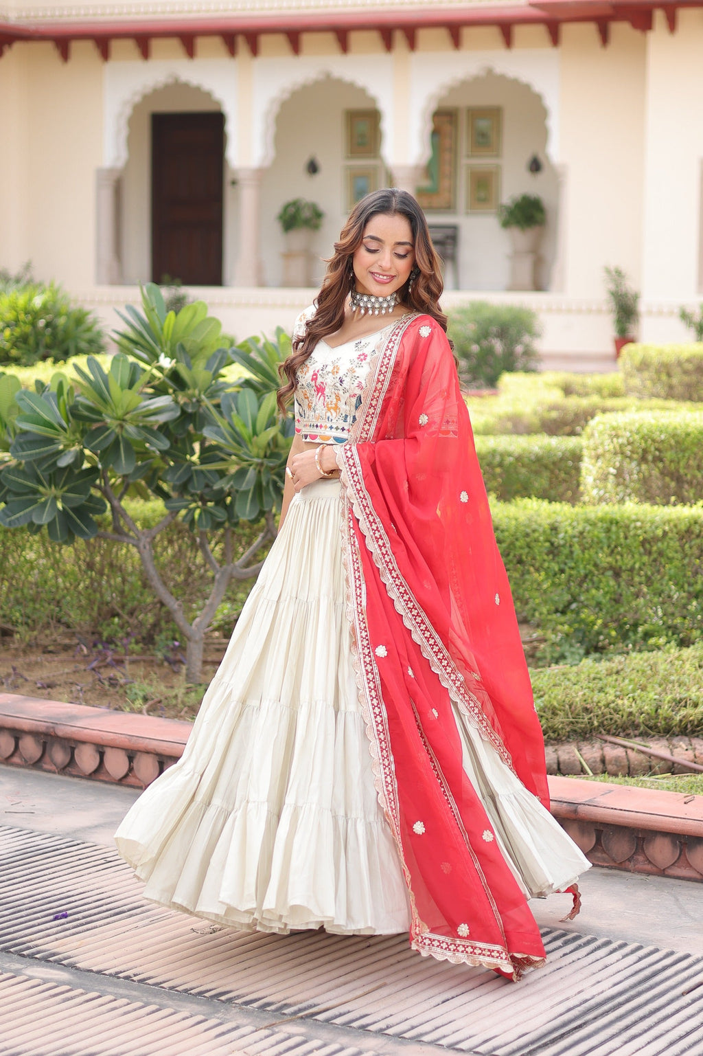 Prazu Fashion Off White Cosmos Silk With Standard Frill Stitching Embroidered Lehenga Choli | Grocsy
