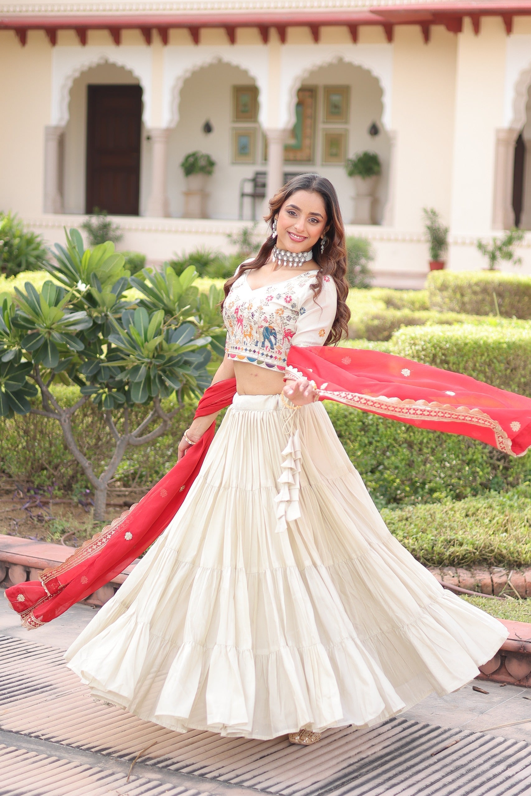 Prazu Fashion Off White Cosmos Silk With Standard Frill Stitching Embroidered Lehenga Choli | Grocsy