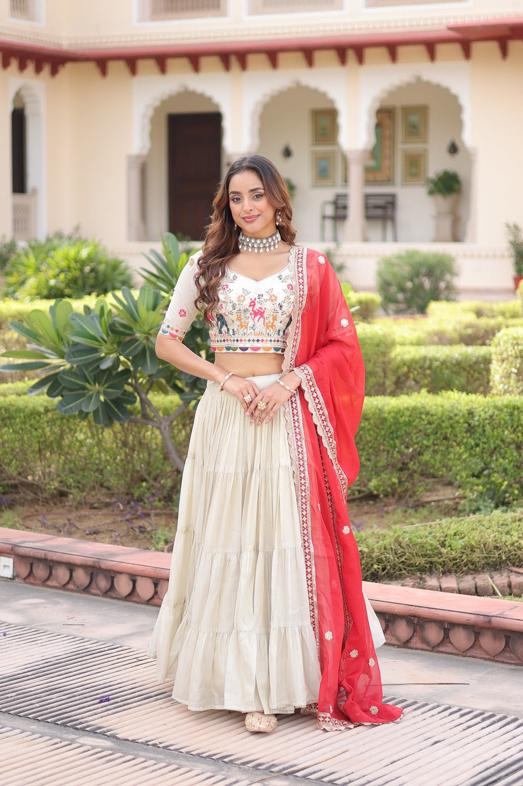 Prazu Fashion Off White Cosmos Silk With Standard Frill Stitching Embroidered Lehenga Choli | Grocsy