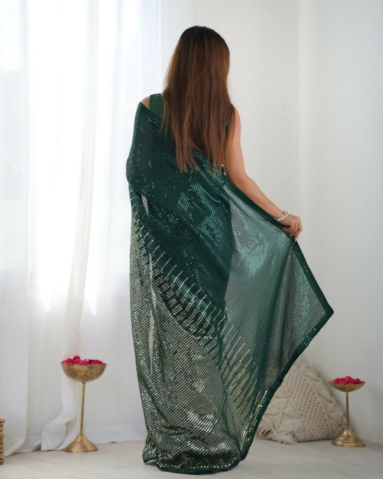 Green Georgette Designer Sequence Embroidery Work Saree - Sitare | Grocsy