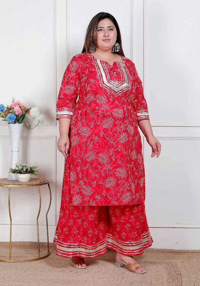 Miravan Plus Size Women'S Red Cotton Gota Work Kurta With Palazzo | Grocsy