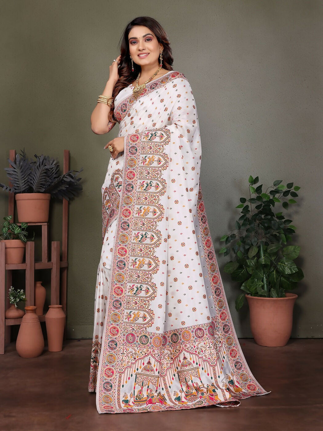 Joban Fashion White Thread Woven Pashmina Sarees | Grocsy