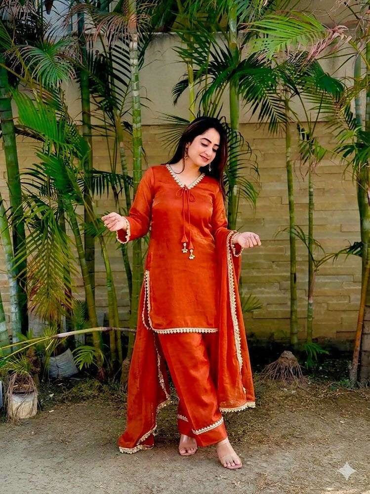 Teeya Creation New Trendy Elegant Orange Chanderi Silk Kurta Set with Delicate Lace Detailing and Matching Dupatta | Grocsy