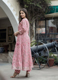 Kaajh Women's Pink Floral Anarkali Kurta Pant Set | Grocsy