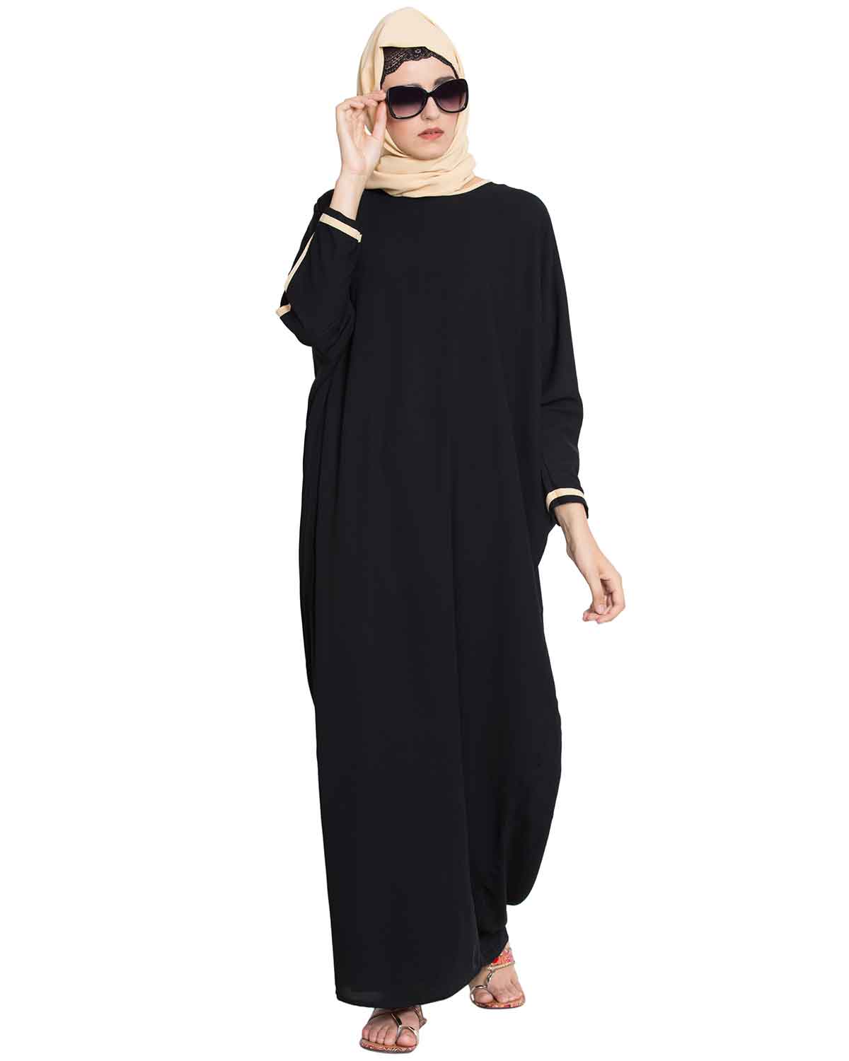 Bashariya Elegant Kaftan Abaya In Free Size With Contrast Detailings-Black | Grocsy