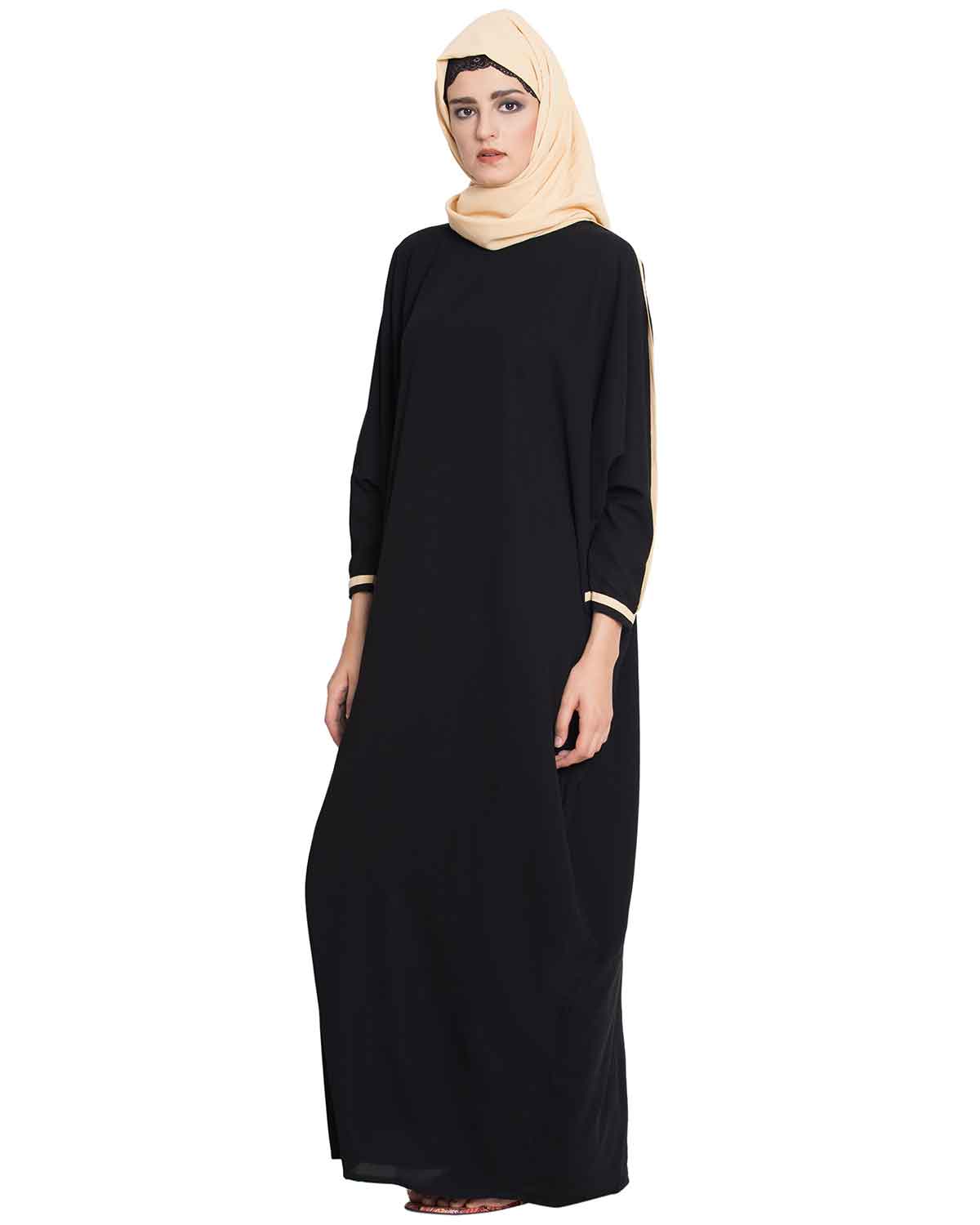 Bashariya Elegant Kaftan Abaya In Free Size With Contrast Detailings-Black | Grocsy