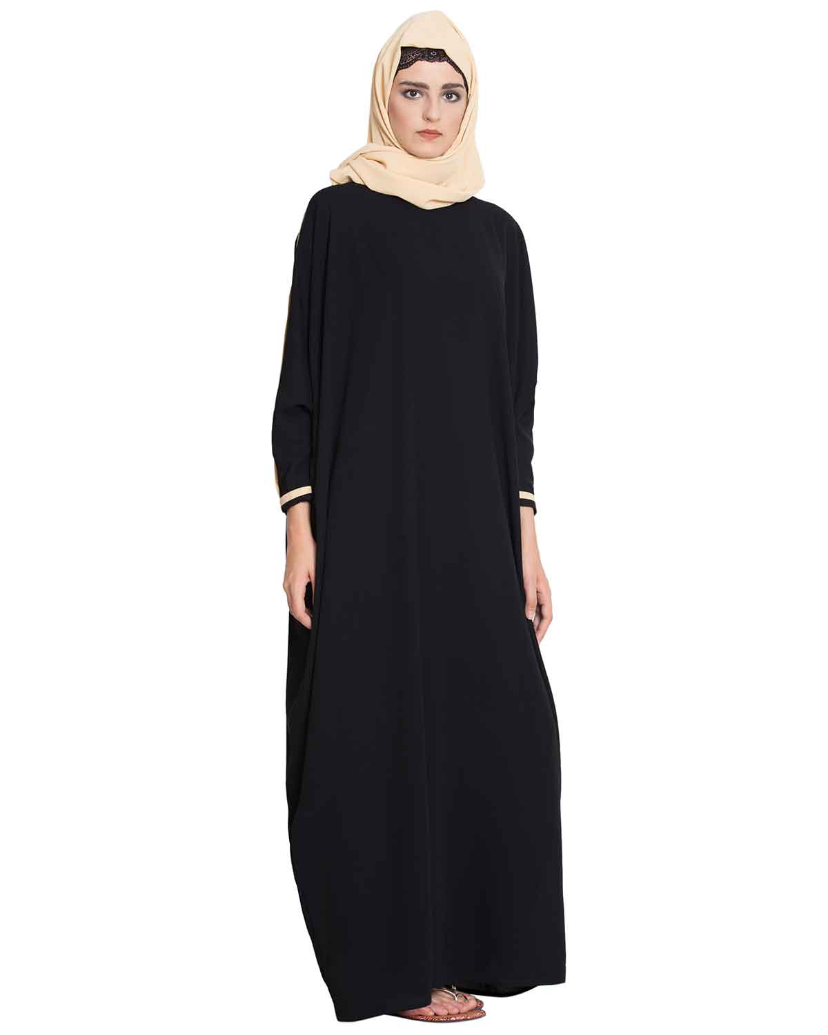 Bashariya Elegant Kaftan Abaya In Free Size With Contrast Detailings-Black | Grocsy