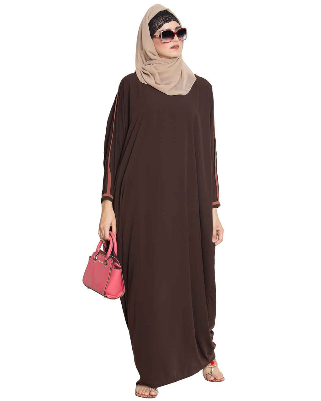 Bashariya Elegant Kaftan Abaya In Free Size With Contrast Detailings-Brown | Grocsy