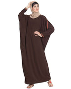 Bashariya Elegant Kaftan Abaya In Free Size With Contrast Detailings-Brown | Grocsy