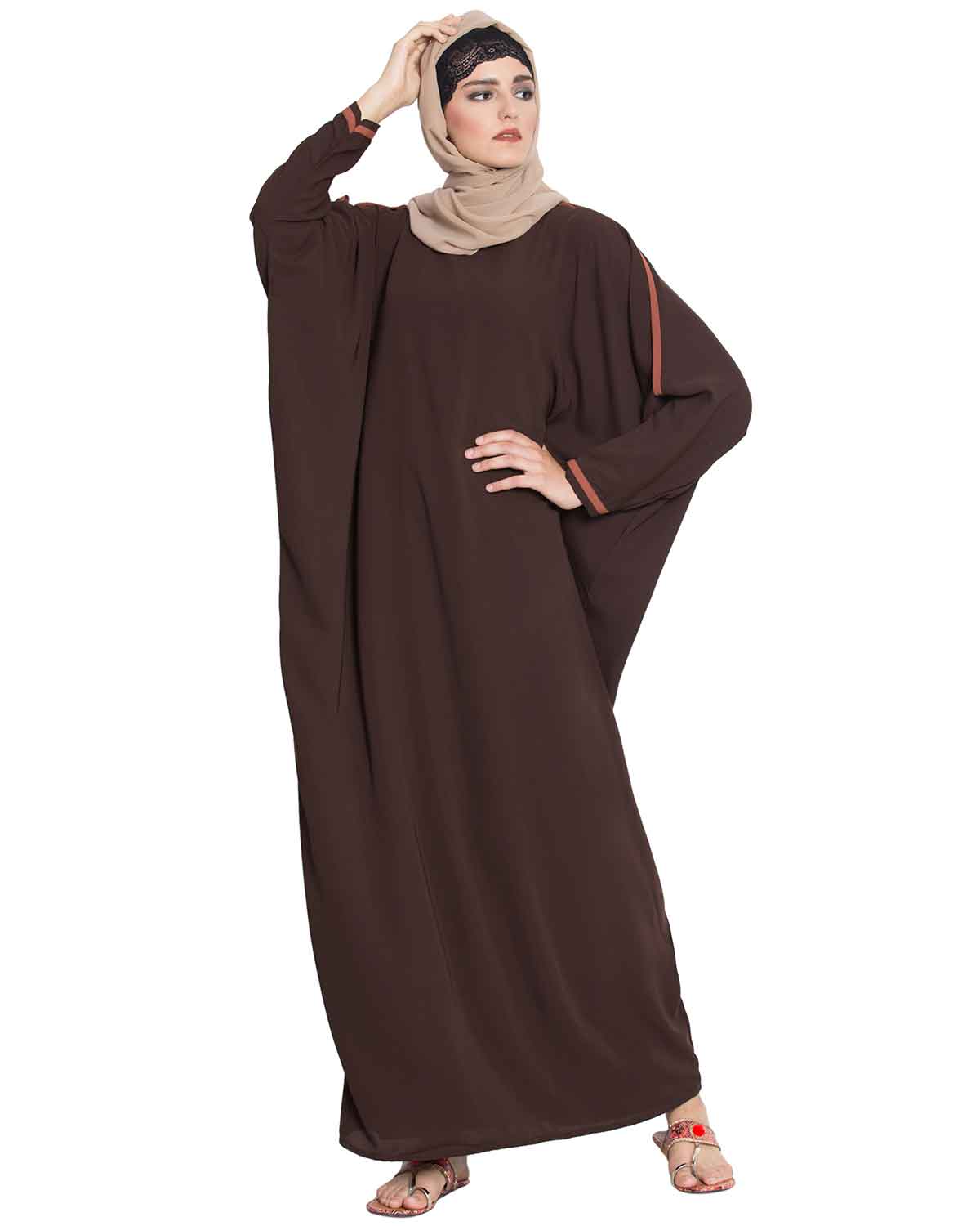 Bashariya Elegant Kaftan Abaya In Free Size With Contrast Detailings-Brown | Grocsy