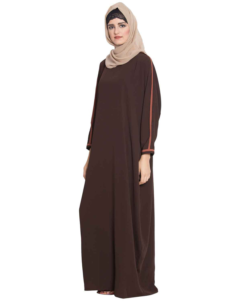 Bashariya Elegant Kaftan Abaya In Free Size With Contrast Detailings-Brown | Grocsy