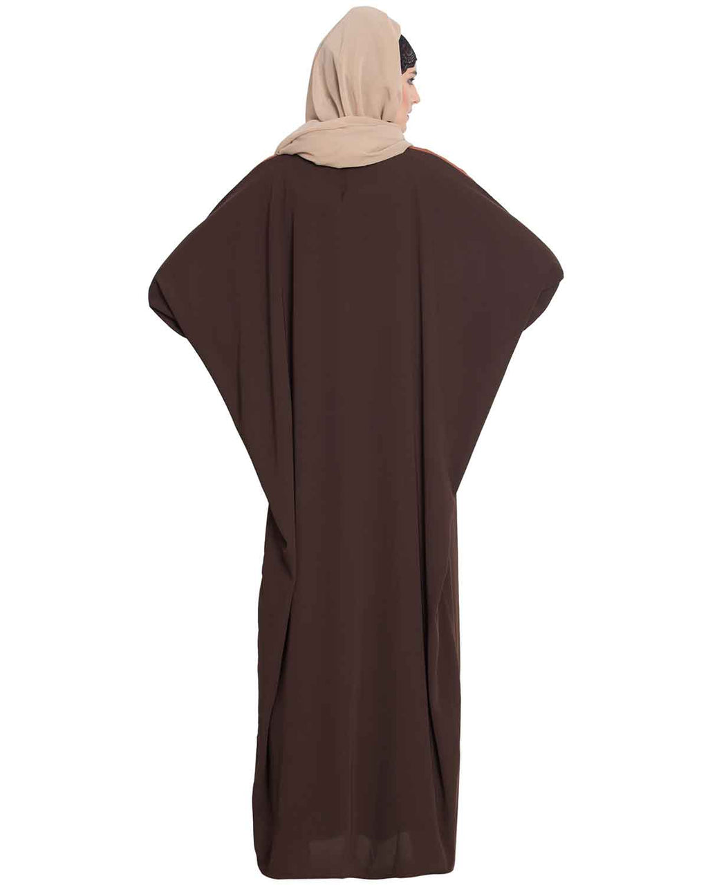 Bashariya Elegant Kaftan Abaya In Free Size With Contrast Detailings-Brown | Grocsy
