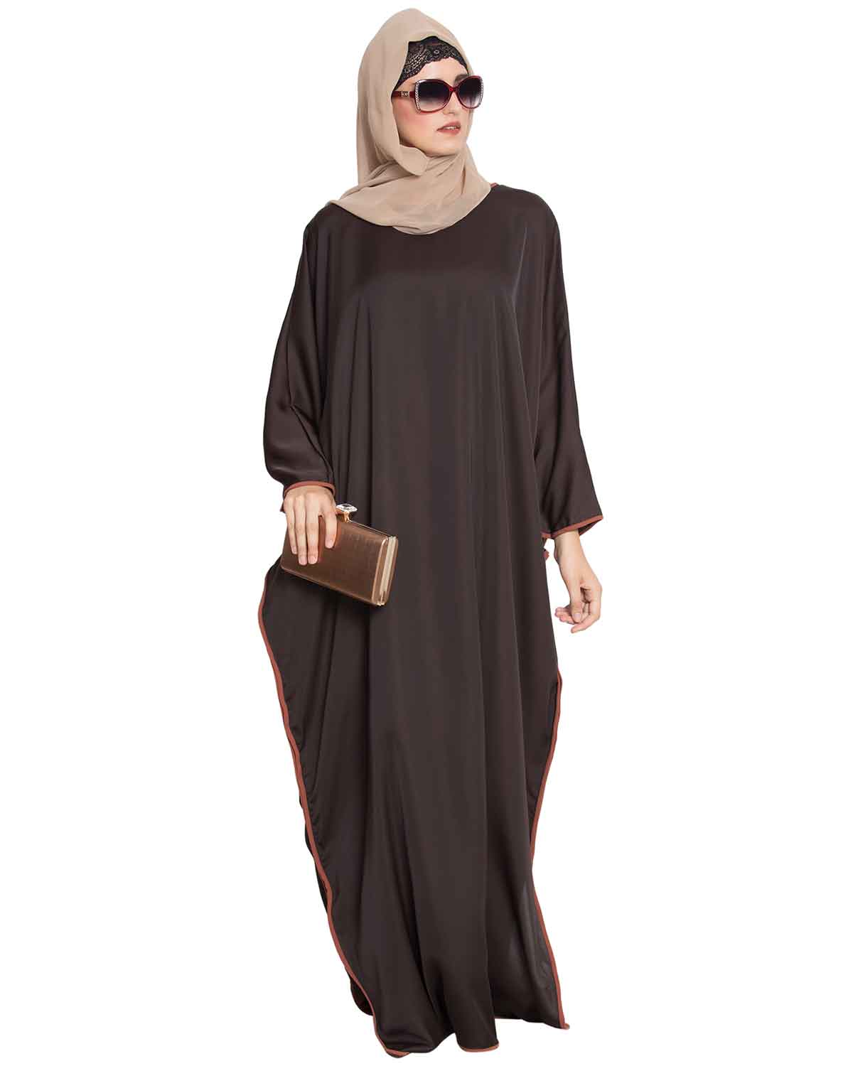 Bashariya Elegant Kaftan Abaya In Free Size With Contrast Detailings-Brown Rust | Grocsy