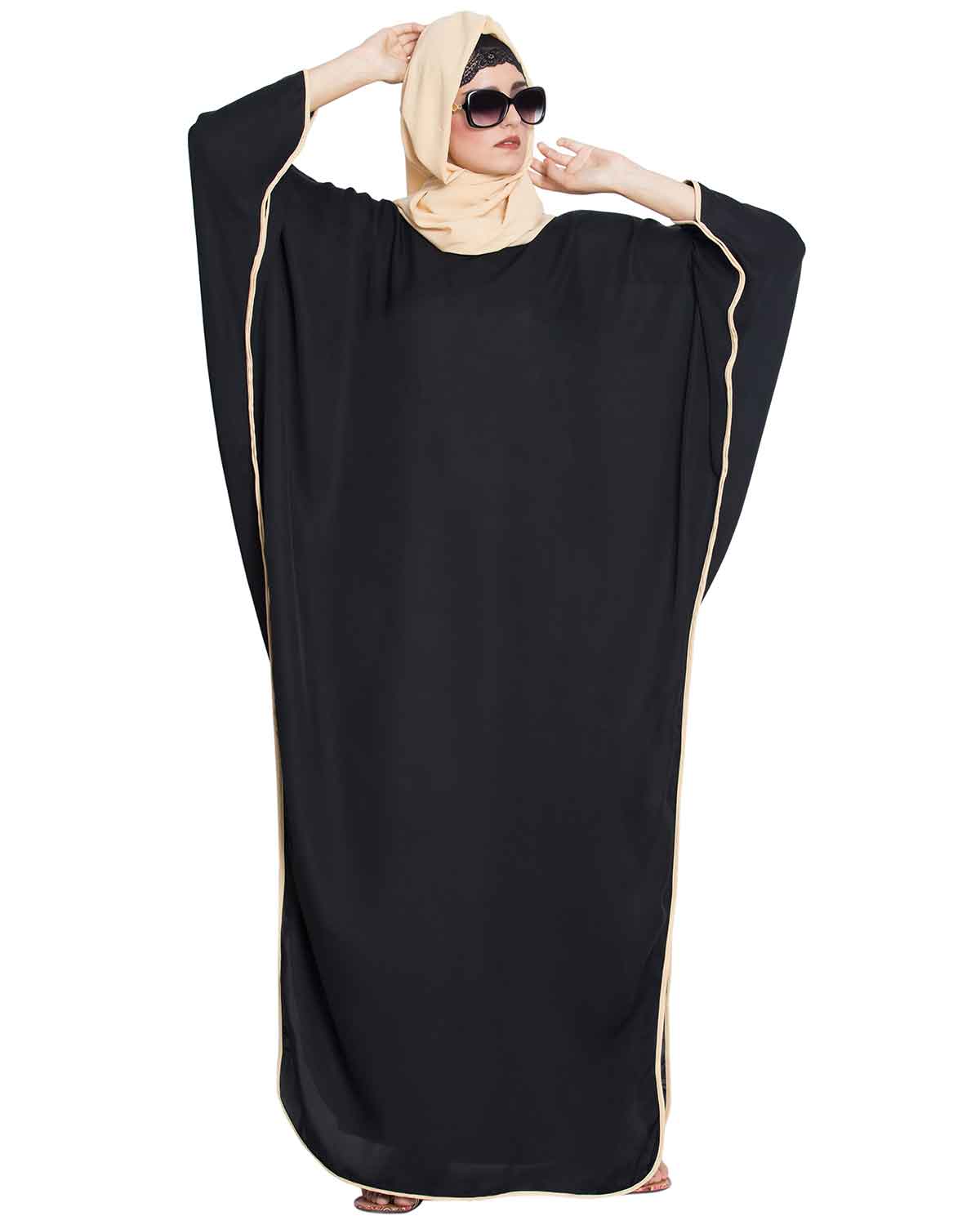 Bashariya Elegant Kaftan Abaya In Free Size With Contrast Detailings-Black Fawn | Grocsy