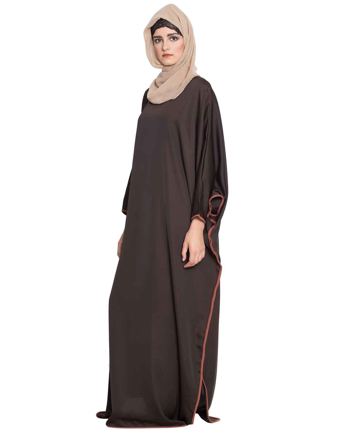 Bashariya Elegant Kaftan Abaya In Free Size With Contrast Detailings-Brown Rust | Grocsy