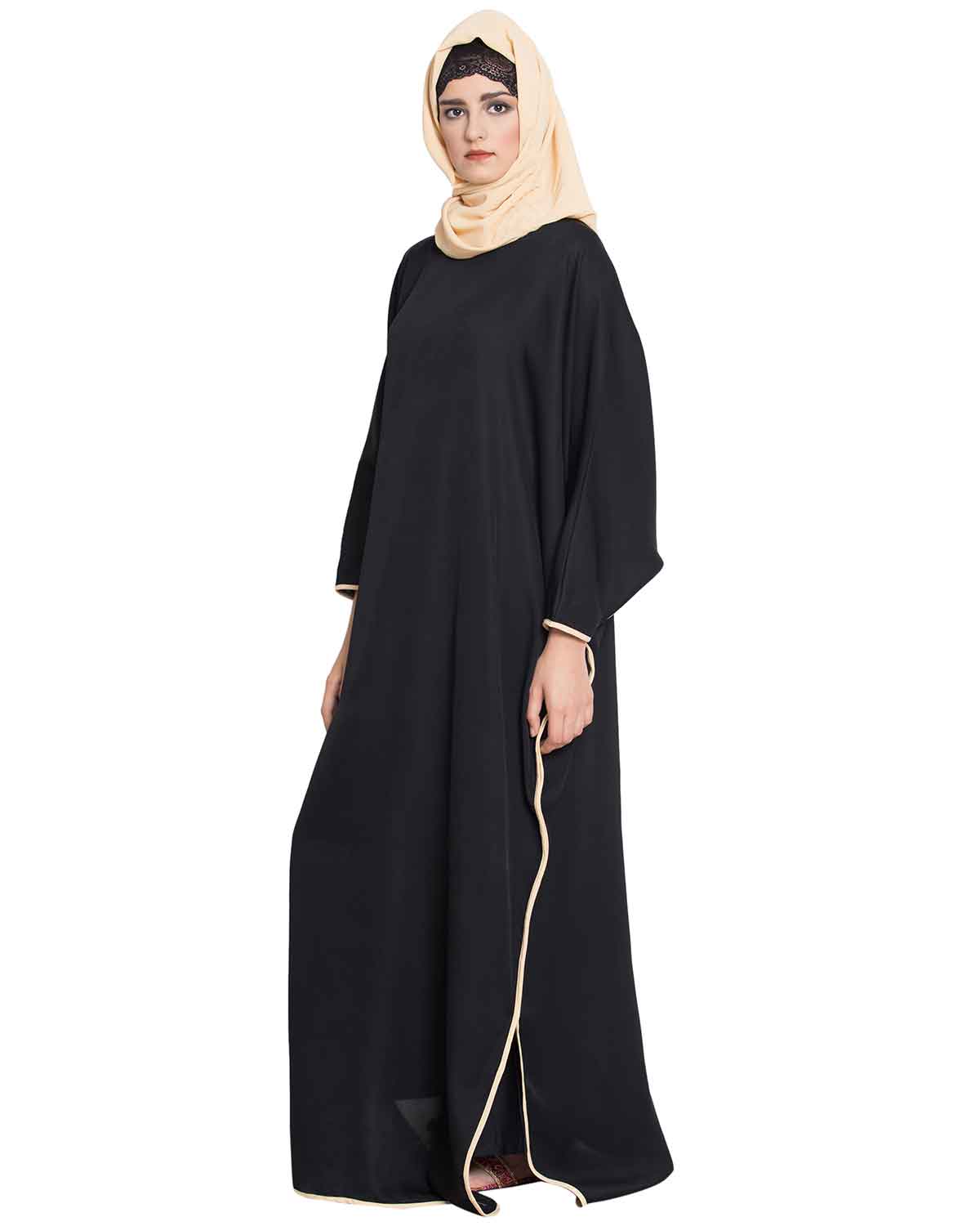 Bashariya Elegant Kaftan Abaya In Free Size With Contrast Detailings-Black Fawn | Grocsy