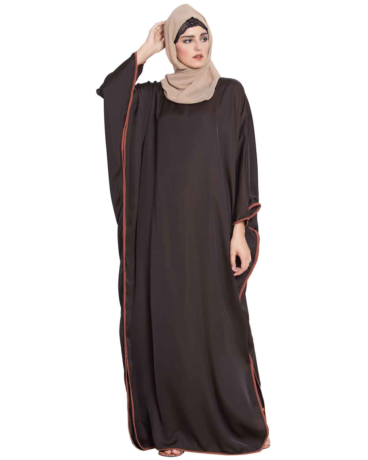 Bashariya Elegant Kaftan Abaya In Free Size With Contrast Detailings-Brown Rust | Grocsy