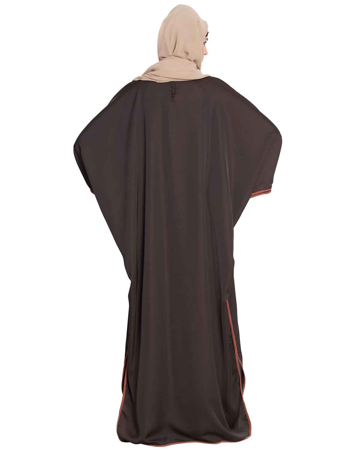 Bashariya Elegant Kaftan Abaya In Free Size With Contrast Detailings-Brown Rust | Grocsy