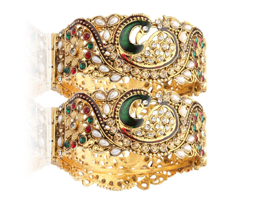 Gold-Polished Alloy Claasic Rajasthani Style Peacock Bangle Set - The Pari | Grocsy