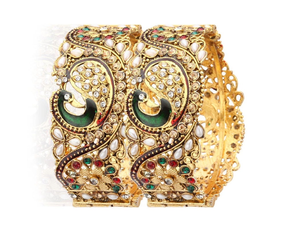 Gold-Polished Alloy Claasic Rajasthani Style Peacock Bangle Set - The Pari | Grocsy