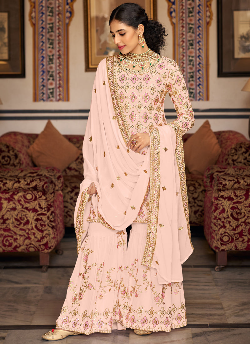 Vegaa Fashion Light Peach Georgette Ebroidered Designer Sharara Suit | Grocsy